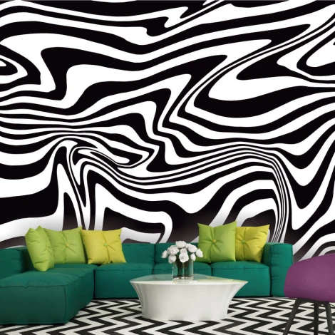 Psychedelic Pattern Wallpaper 0121 - Living room decor with white and black walls.