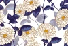 White Flowers Wallpaper 0140 - Graphic design with white and gold flowers, navy blue leaves.