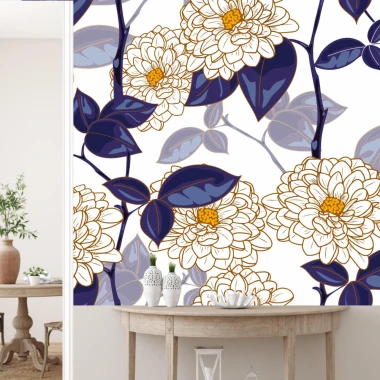 White flowers wallpaper 0140 - Living room setup with light-colored walls and a table featuring a potted plant.