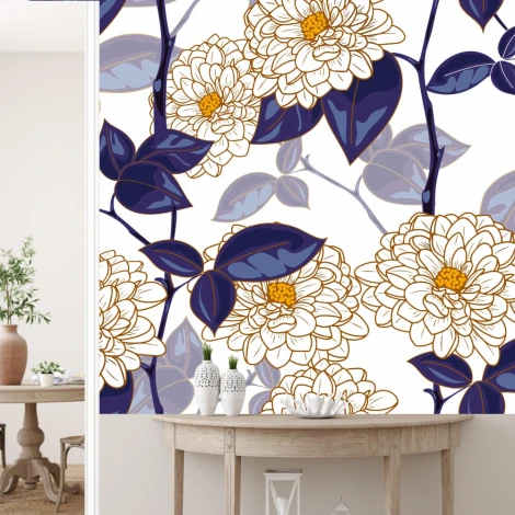 White flowers wallpaper 0140 - Living room setup with light-colored walls and a table featuring a potted plant.