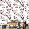 Light pink floral wallpaper 0169 - Living room setup with light walls, wooden furniture, and textiles.