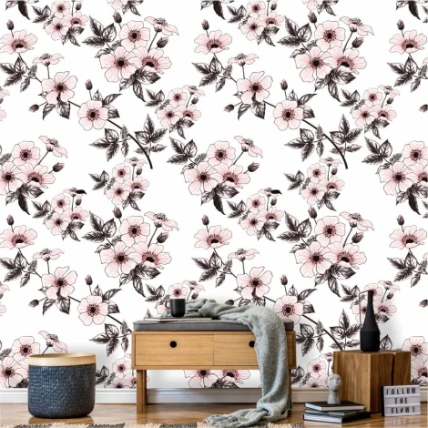 Light pink floral wallpaper 0169 - Living room setup with light walls, wooden furniture, and textiles.