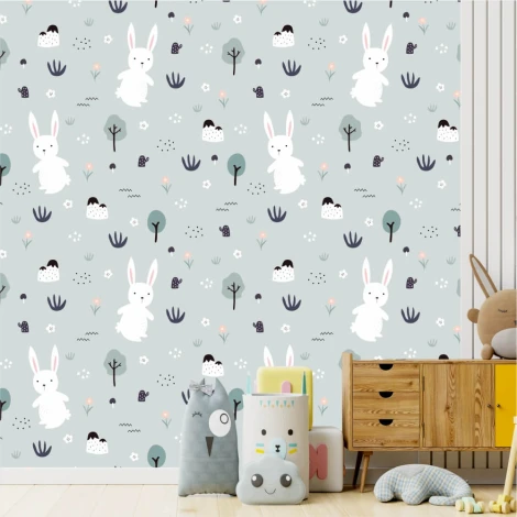 Children\'s wallpaper Rabbits in the Forest 0153 - Graphic design with white rabbits, trees, flowers, and clouds on a gray background.