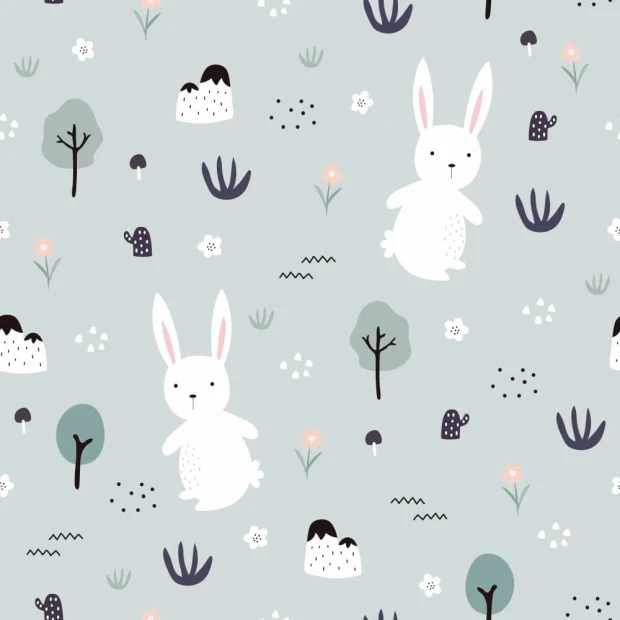 Children\'s wallpaper Rabbits in the Forest 0153 - Graphic pattern with white rabbits, trees, flowers, and stones on a gray background.