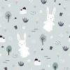 Children\'s wallpaper Rabbits in the Forest 0153 - Graphic pattern with white rabbits, trees, flowers, and stones on a gray background.