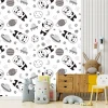 Children\'s wallpaper Panda Bears 0164 - Graphic design with pandas, planets, stars, and insects on a white background.