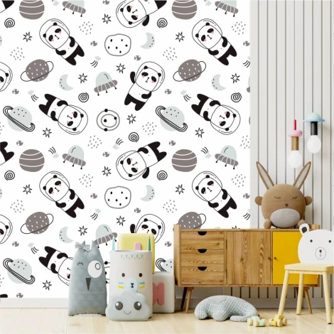 Children\'s wallpaper Panda Bears 0164 - Graphic design with pandas, planets, stars, and insects on a white background.
