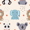 Children\'s wallpaper with panda, bear, elephant, and koala illustrations on a light background.