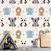 Children\'s wallpaper featuring pandas, bears, and elephants on a light background with graphic designs.