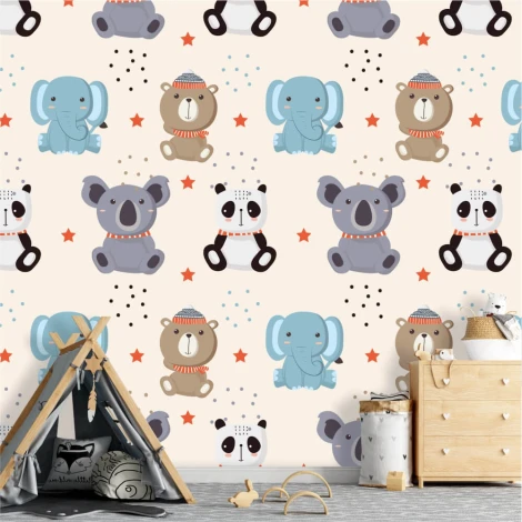 Children\'s wallpaper featuring pandas, bears, and elephants on a light background with graphic designs.