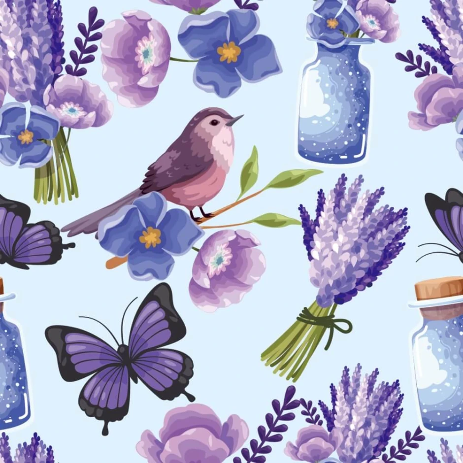 Children\'s wallpaper Birds, Butterflies 0143 - Graphic design with birds, butterflies, flowers, and jars on a light background.
