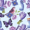 Children\'s wallpaper Birds, Butterflies 0143 - Graphic design with birds, butterflies, flowers, and jars on a light background.