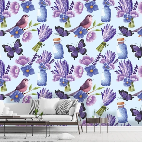 Children\'s wallpaper Birds and Butterflies 0143 - Graphic design with birds, butterflies, and flowers on a light blue background.
