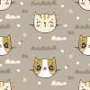 Kids\' wallpaper Sweet Cats 0149 - Graphic design with large-eyed cats against a backdrop of clouds and hearts in muted colors.