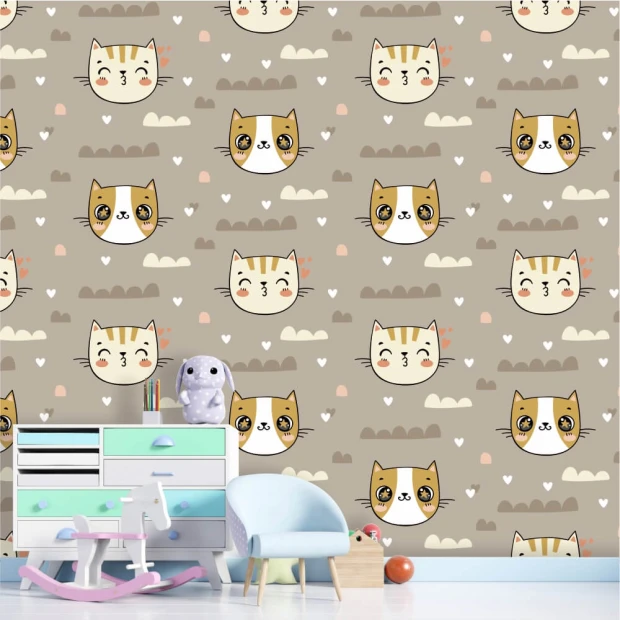Kids\' wallpaper Sweet Cats 0149 - Decor for a child\'s room with light-colored walls and pastel furniture.