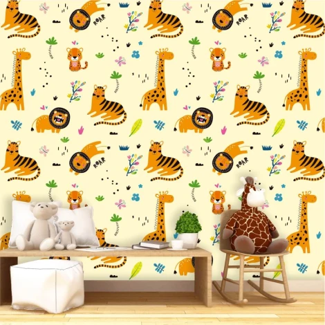 Savanna Animals Wallpaper for Kids 0151 - Graphic design featuring animal illustrations like lions on a light background.