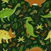 Dinosaur wallpaper for boys\' room 0148 - Graphic design with green dinosaurs among leaves on a dark background.