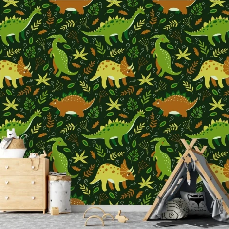 Dinosaur wallpaper for boys\' room 0148 - Decorated in a children\'s room with dark walls featuring a dinosaur theme.