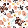 Children\'s room wallpaper with butterflies and flowers 0141 - Graphic design featuring butterflies, flowers, and insects on a light background.