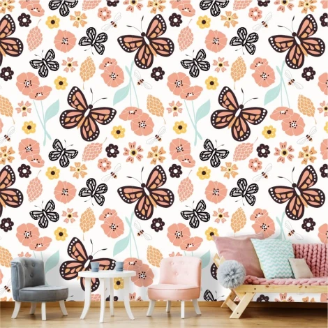 Children\'s room wallpaper with butterflies and flowers 0141 - Decorated in a bright-colored room with furniture.