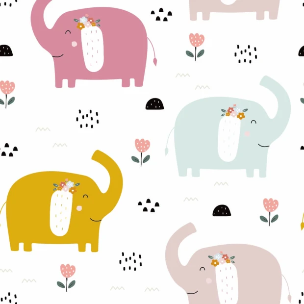 Children\'s room wallpaper Elephants, flowers 0155 - Graphic design with colorful elephants and flowers on a white background.