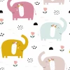 Children\'s room wallpaper Elephants, flowers 0155 - Graphic design with colorful elephants and flowers on a white background.