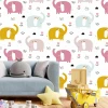 Children\'s room wallpaper Elephants, flowers 0155 - Graphic design with colorful elephants, flowers, and dots on white.