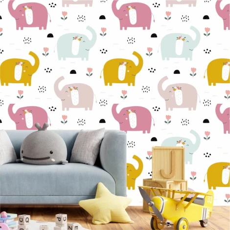 Children\'s room wallpaper Elephants, flowers 0155 - Graphic design with colorful elephants, flowers, and dots on white.