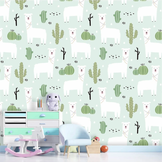 Children\'s room wallpaper Llamas 0163 - Bright walls and pastel furniture create a playful atmosphere.