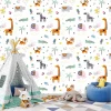 Safari 0150 Kids\' Room Wallpaper - Graphic design with colorful animals, plants, and geometric shapes on a white background.
