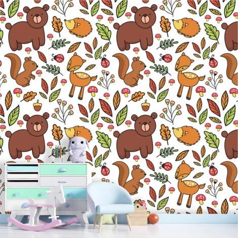 Forest Animals Wallpaper for Kids\' Room - Features bear and squirrel illustrations on a white background.
