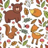 Forest Animals Wallpaper for Kids\' Room - Graphic pattern with animal and leaf illustrations on a white background.
