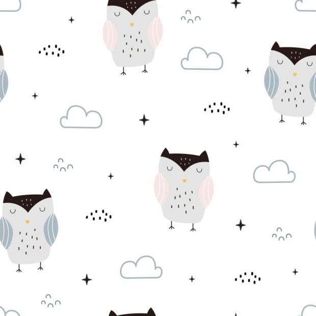 Owl and cloud wallpaper for girls\' room, featuring owls in shades of gray and pink on a white background.