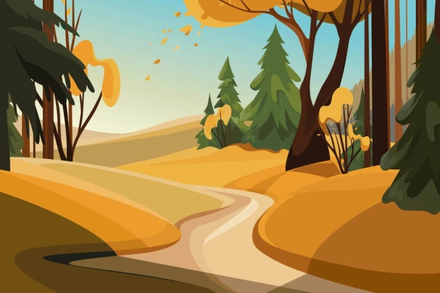 Forest Path Wallpaper 0132 - A graphic design featuring a road in the woods, surrounded by trees and hills.