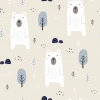 Children\'s wallpaper Bears, forest 0157 - Graphic pattern. White bears on a beige background with trees and shrubs in various shades.