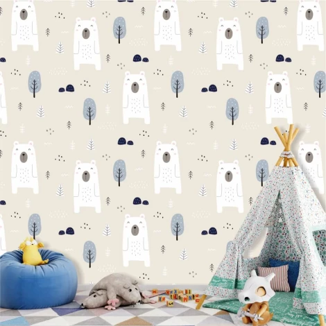 Children\'s wallpaper Bears, forest 0157 - Graphic design. White bears on a light background with trees and blue elements.