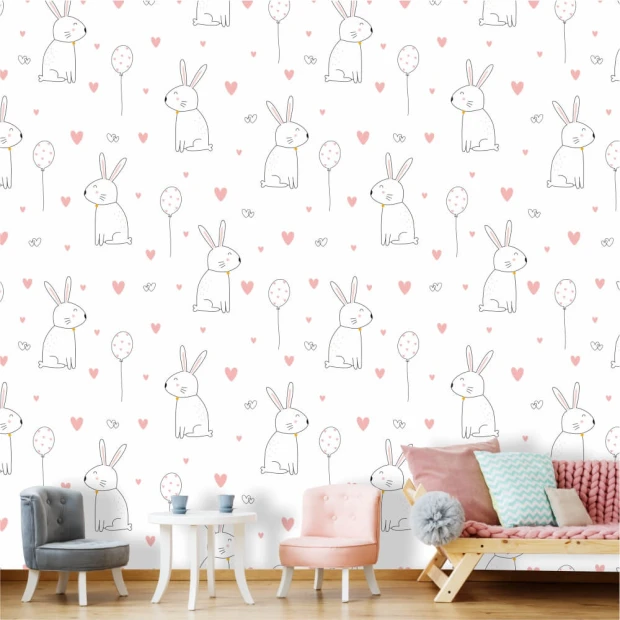 Children\'s wallpaper with bunnies and hearts 0154 - Graphic design featuring bunnies by trees and hearts in pastel colors.