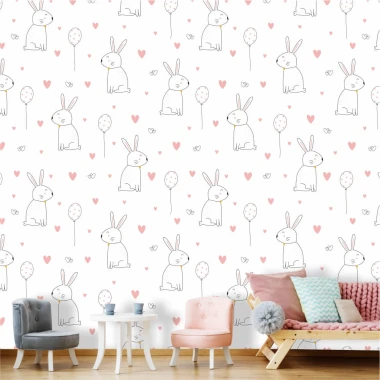Children\'s wallpaper with bunnies and hearts 0154 - Graphic design featuring bunnies by trees and hearts in pastel colors.