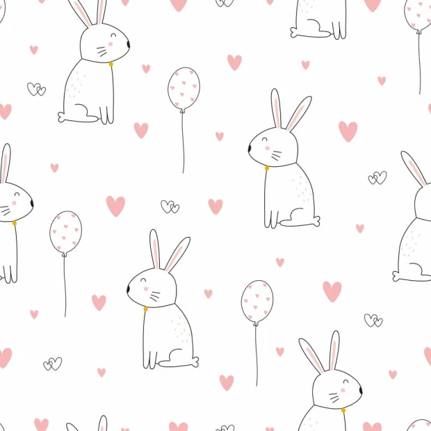 Children\'s wallpaper with bunnies and hearts 0154 - Graphic design featuring bunnies in various poses and pastel balloons.