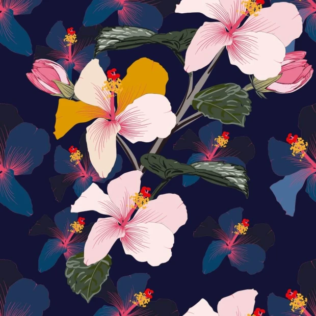 Hibiscus 0168 Wallpaper - Graphic design featuring hibiscus flowers in various colors on a dark background.