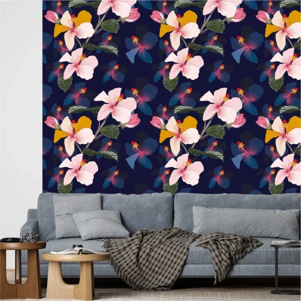 Hibiscus 0168 wallpaper - Living room decor with dark walls and gray furniture.