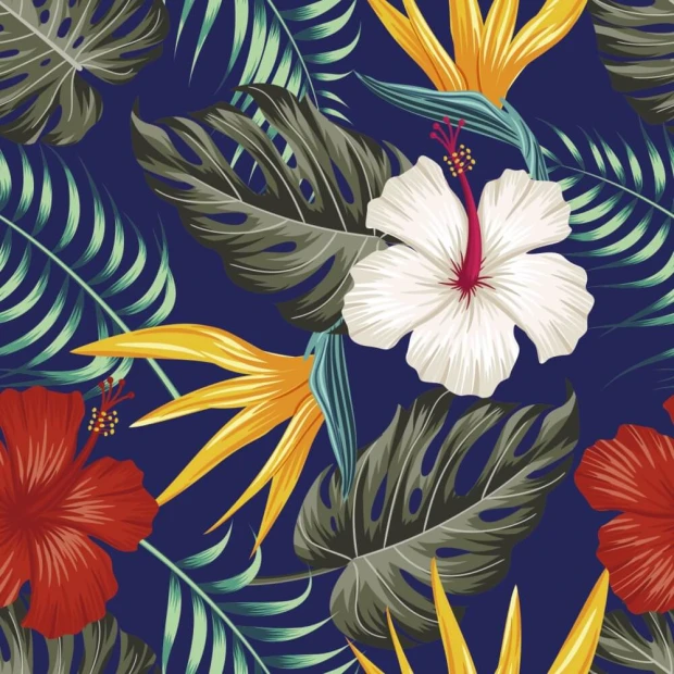 Hibiscus wallpaper, leaves 0171 - Graphic design featuring green leaves with red and white hibiscus flowers.
