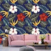 Hibiscus wallpaper, leaves 0171 - Living room decor with dark walls and a light-colored sofa.