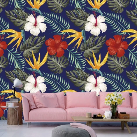 Hibiscus wallpaper, leaves 0171 - Living room decor with dark walls and a light-colored sofa.