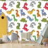 Colorful Dinosaurs Wallpaper 0144 - Graphic design featuring multicolored dinosaurs in various poses on a white background.