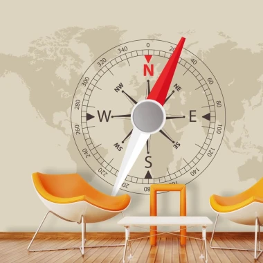 Compass Wallpaper, world map 0138 - Styled in a modern living room with light walls and wooden flooring.