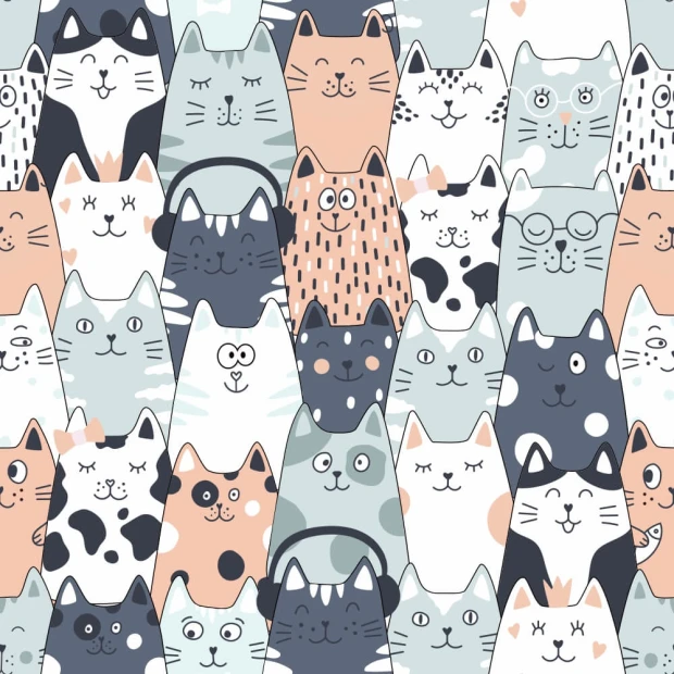 Cat Wallpaper 0158 - Graphic design featuring cats in various colors with different facial expressions and details.