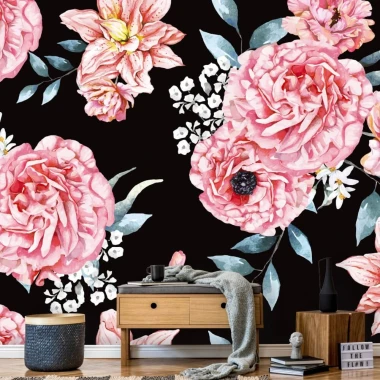 Blooming Flowers Wallpaper 0130 - Graphic design with large pink flowers and green leaves on a black background.