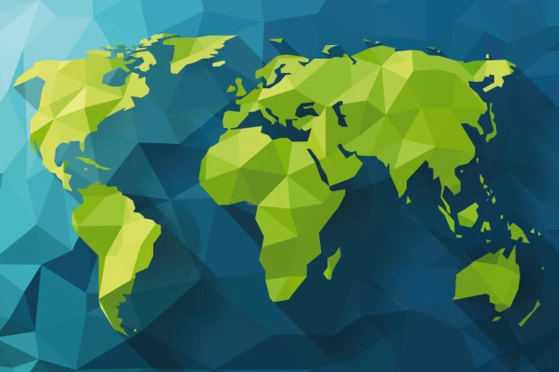 World Map Wallpaper 0137 - Graphic design featuring continents in shades of green on a blue background.