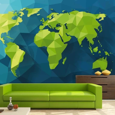 World Map Wallpaper 0137 - Living room setup with blue walls, green sofa, and wooden dresser.
